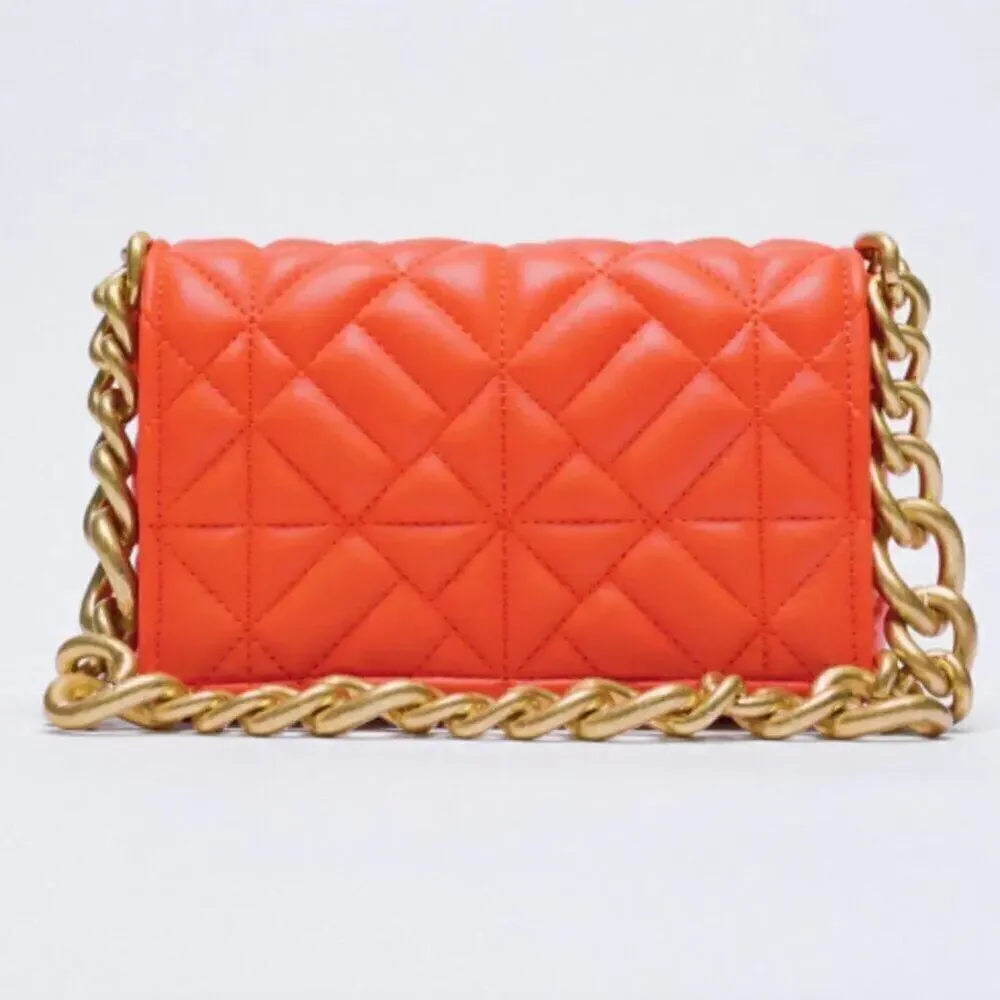 ZARA Coral Orange Quilted Chain Shoulder Bag NWT Gold Chain Purse OS